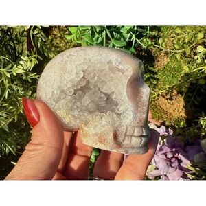 Druzy Pink Amethyst Crystal Skull Carving with Quartz